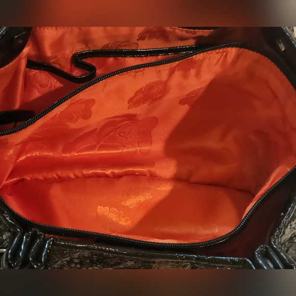 SHARIF 1827 Black Metallic Floral Python Embossed Italian Leather Satchel - Picture 11 of 15